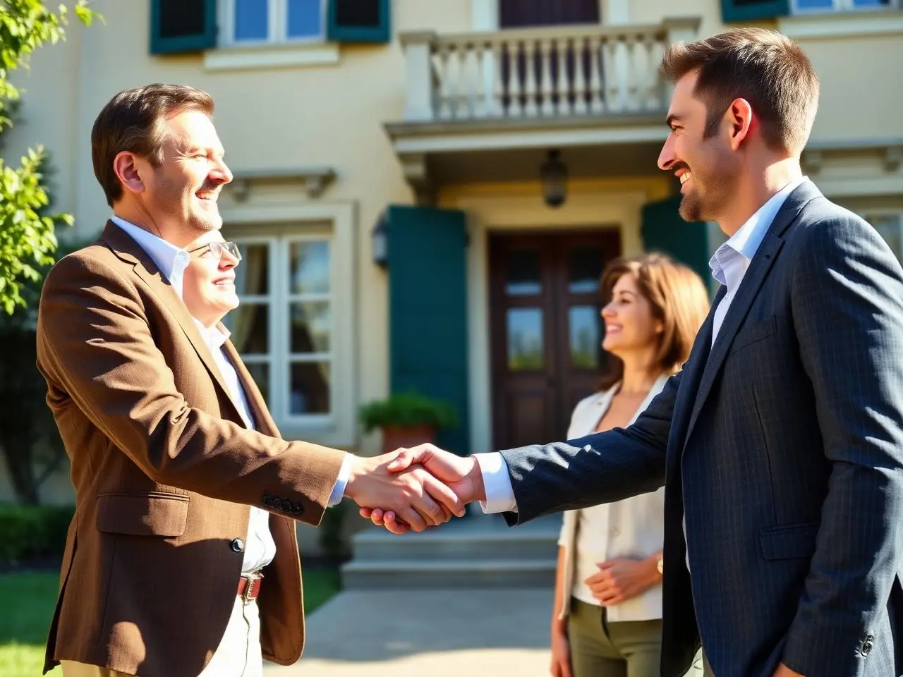 Consulente immobiliare consegna le chiavi a una giovane coppia davanti alla loro nuova casa